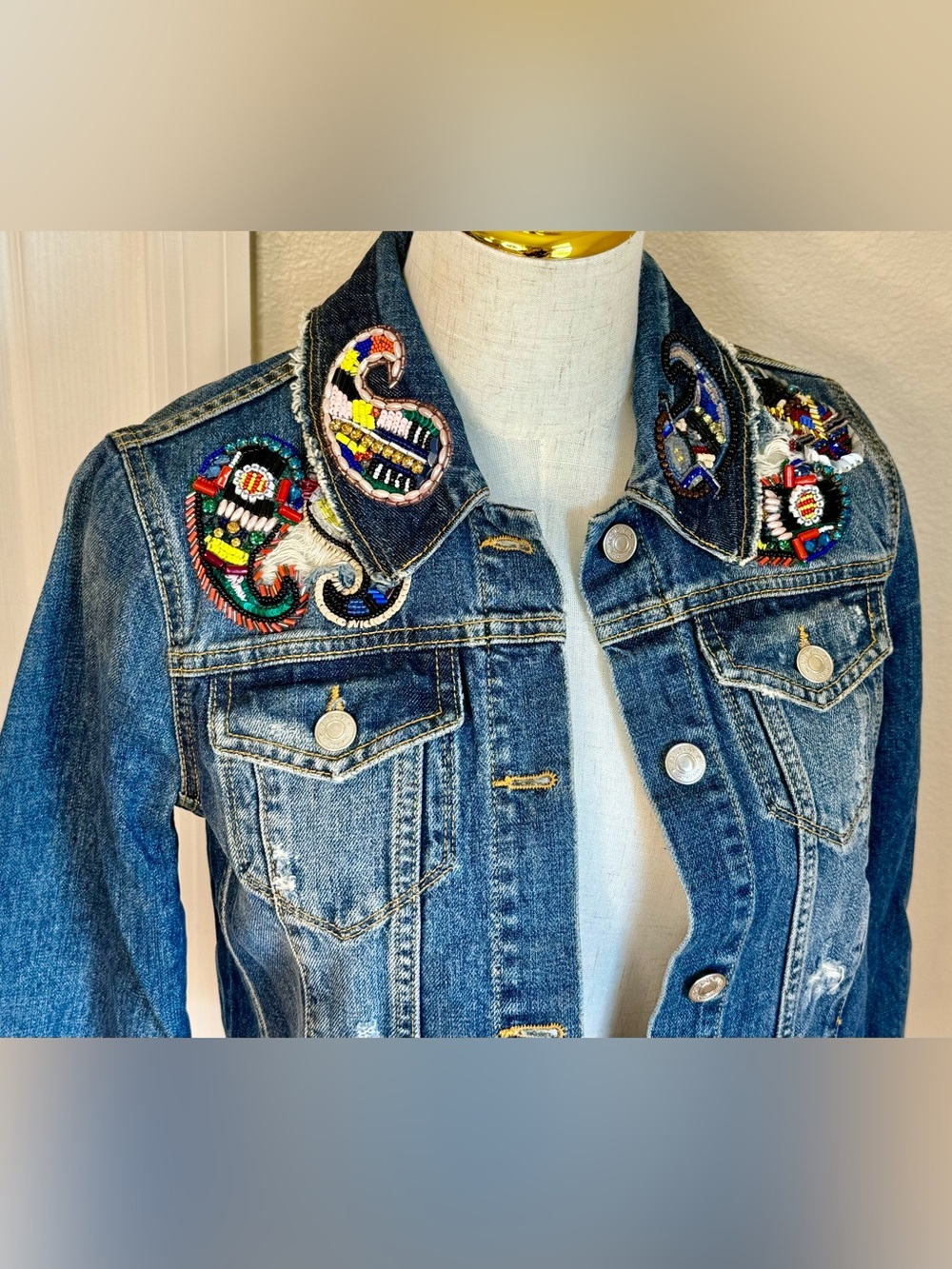 MSGM Beaded Embellished Designer Denim Jacket Size 38 XS Made in Italy - Picture 4 of 10
